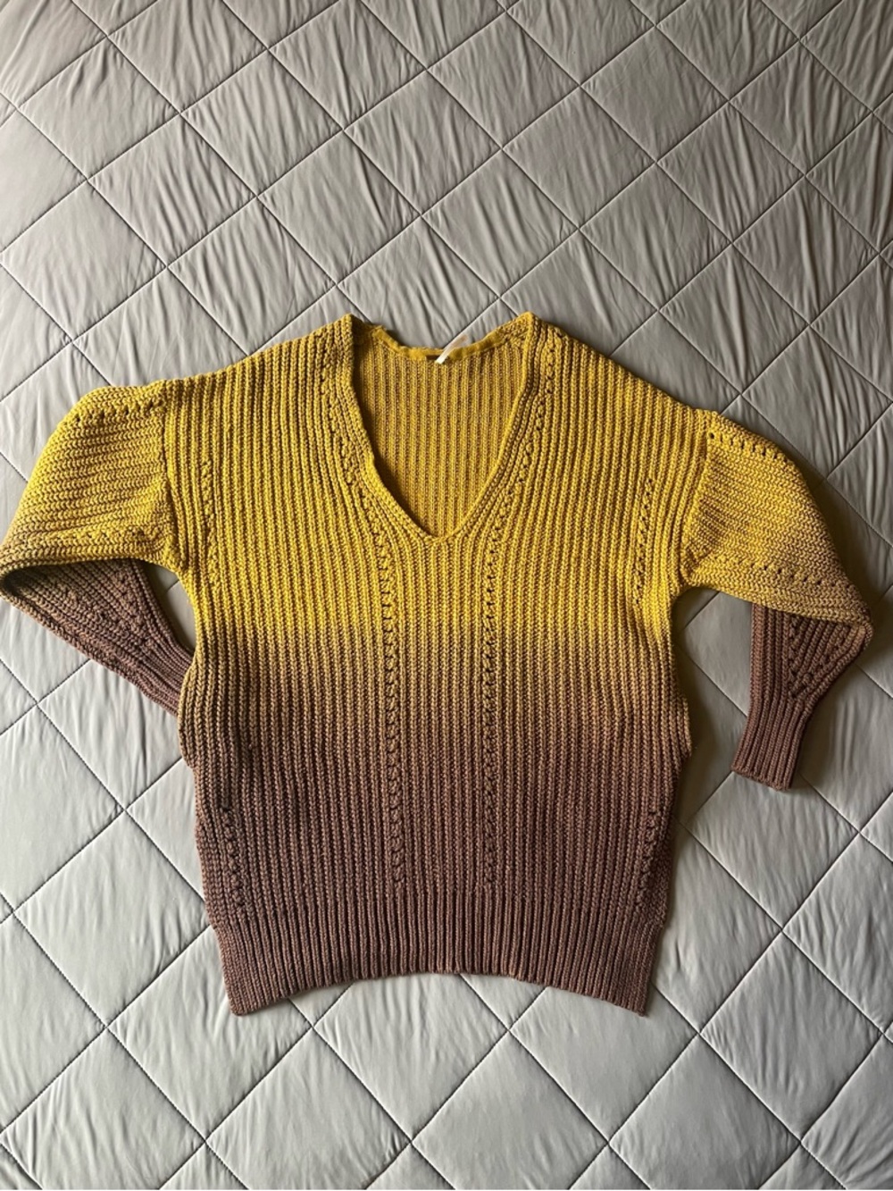 Free People Ombre V-Neck Knit Sweater in Yellow and Brown with pockets